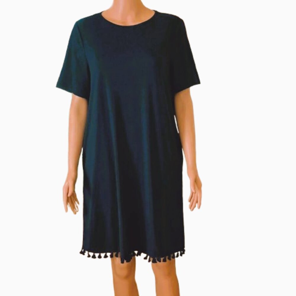 Navy Shift Dress XL Short Sleeves with Tassel Hem and Side Pockets Stretch